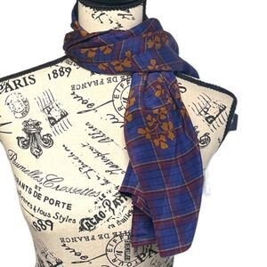 Vintage Calvin Klein Blue & Yellow Plaid Fall Flowers Floral Plaid Silk Scarf